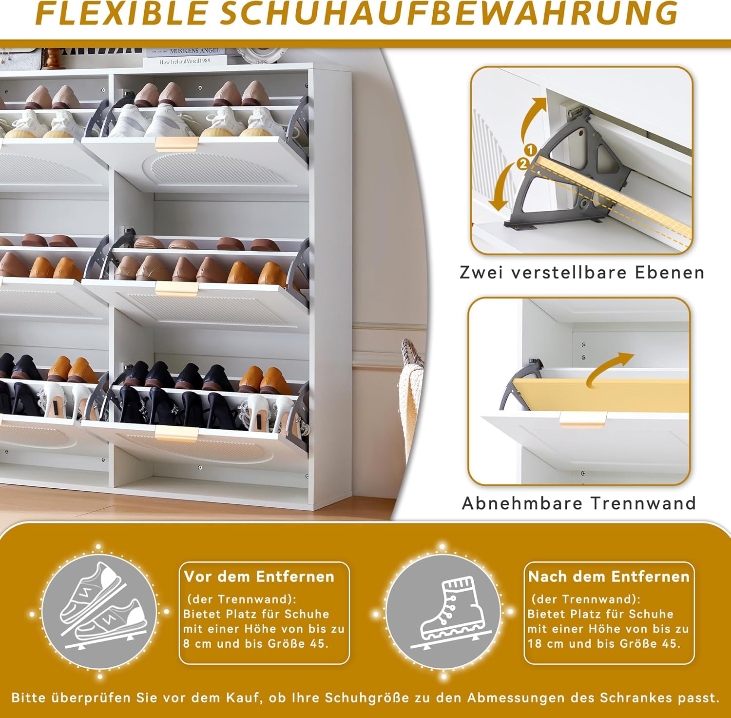 Merax Schuhschrank mit 6 Klappen & offenen Ablageflächen, Schuhkipper schmal als freistehendes Schuhregal für Eingangsbereich & Flur, Weiß, 118x25x115cm — Ansicht 3