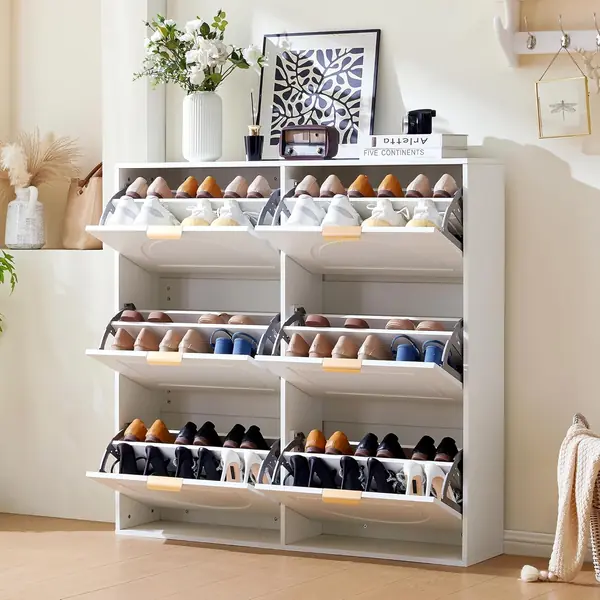 Schuhschrank mit 6 Klappen & offenen Ablageflächen – Weiß