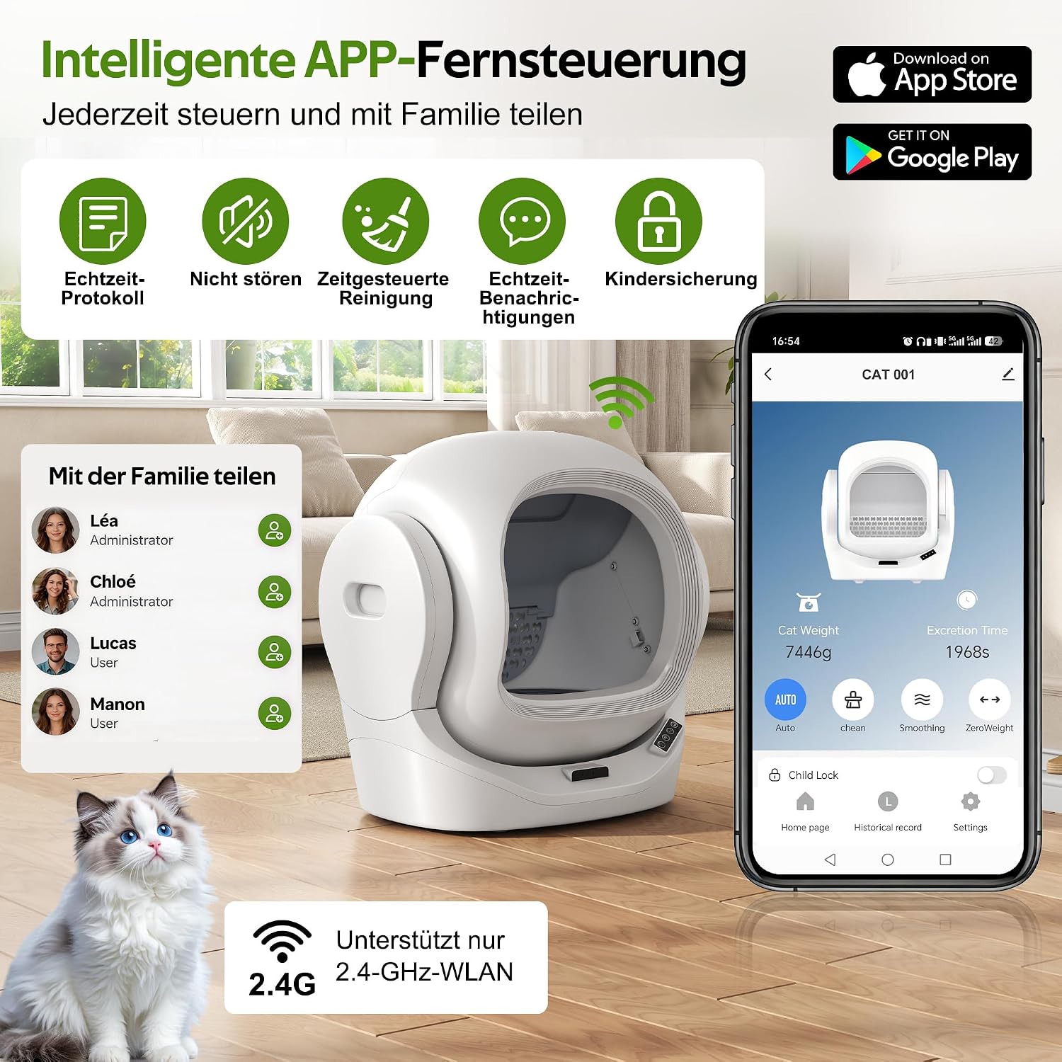 Merax Selbstreinigende Katzentoilette, Automatisches Katzenklo, APP-Steuerung/68L Max Kapazität/Infrarotsensor/Aromabox/Smart Monitor/sichere Kindersicherung/Abnehmbares Design, für mehrere Katzen — Ansicht 4