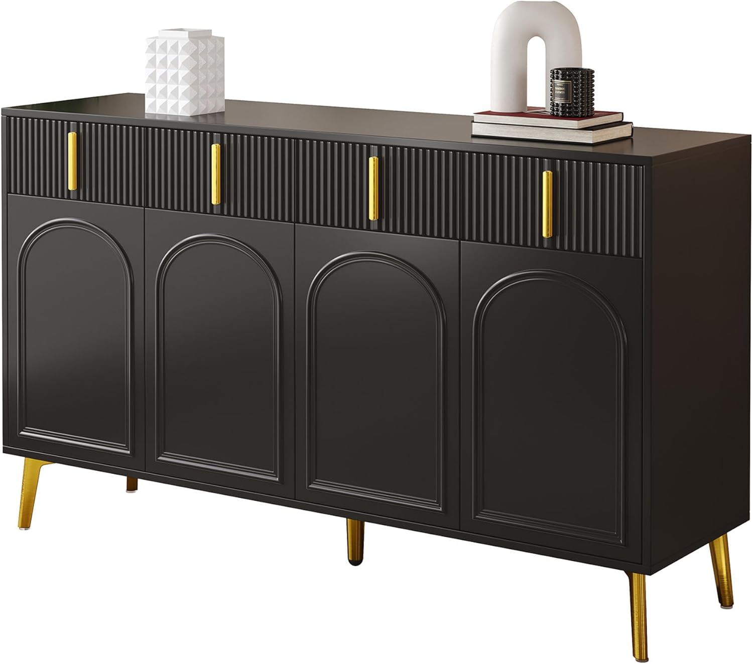 Merax Sideboard 160x38x82 cm, 4 Türen, 4 Schubladen, goldene Griffe & Beine, verstellbare Einlegeböden, herausnehmbares Laminat, Elegantes Wohnzimmer- & Esszimmermöbel, Schwarz