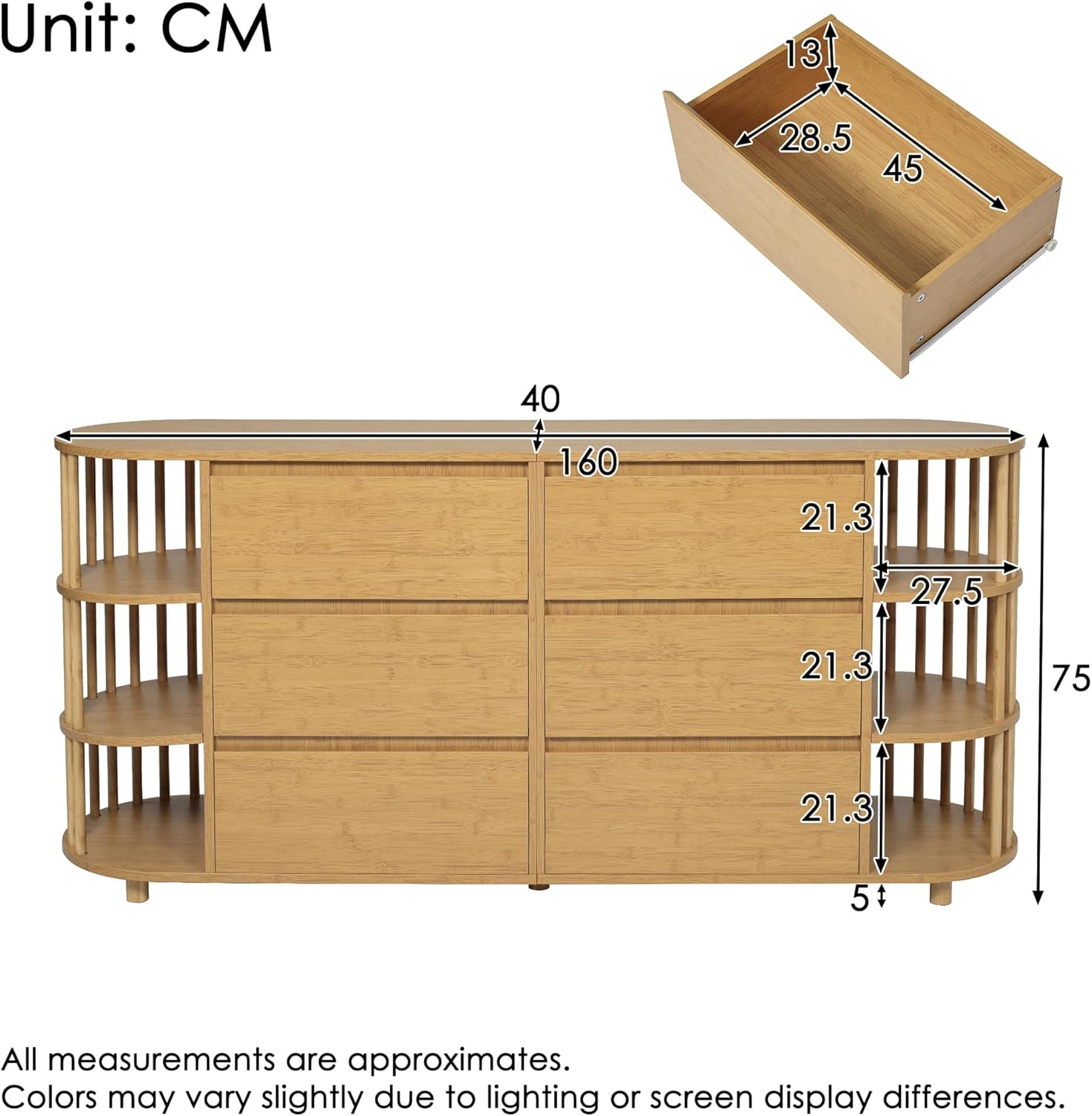 Merax Sideboard Kommode mit 6 Schubladen & offene Regale, Sideboard Holz Küchenschrank Buffet mit Römisches Design mit Säulen & Bambus-Regalen & Höhenverstellbare Füße, Eiche/160x40x75 cm — Ansicht 2