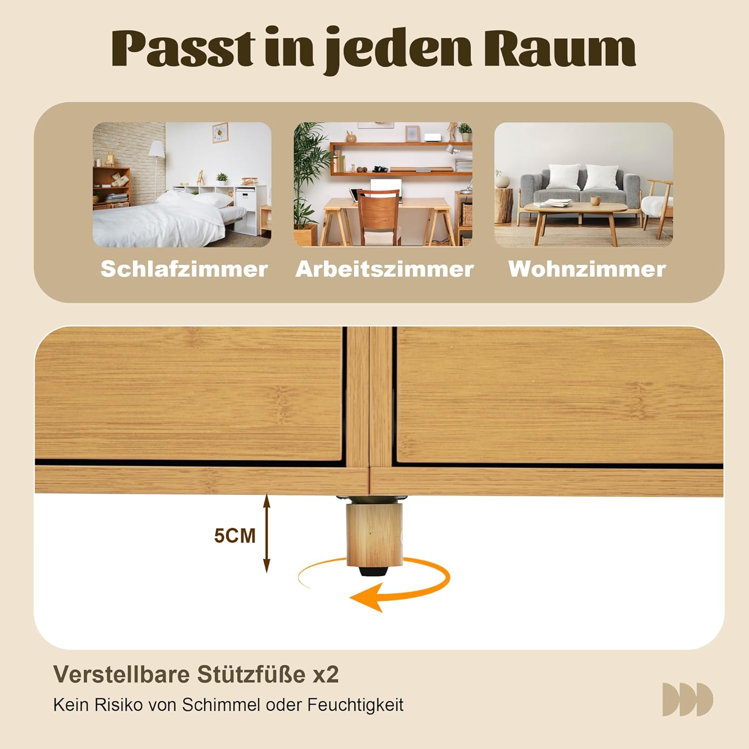 Merax Sideboard Kommode mit 6 Schubladen & offene Regale, Sideboard Holz Küchenschrank Buffet mit Römisches Design mit Säulen & Bambus-Regalen & Höhenverstellbare Füße, Eiche/160x40x75 cm — Ansicht 6