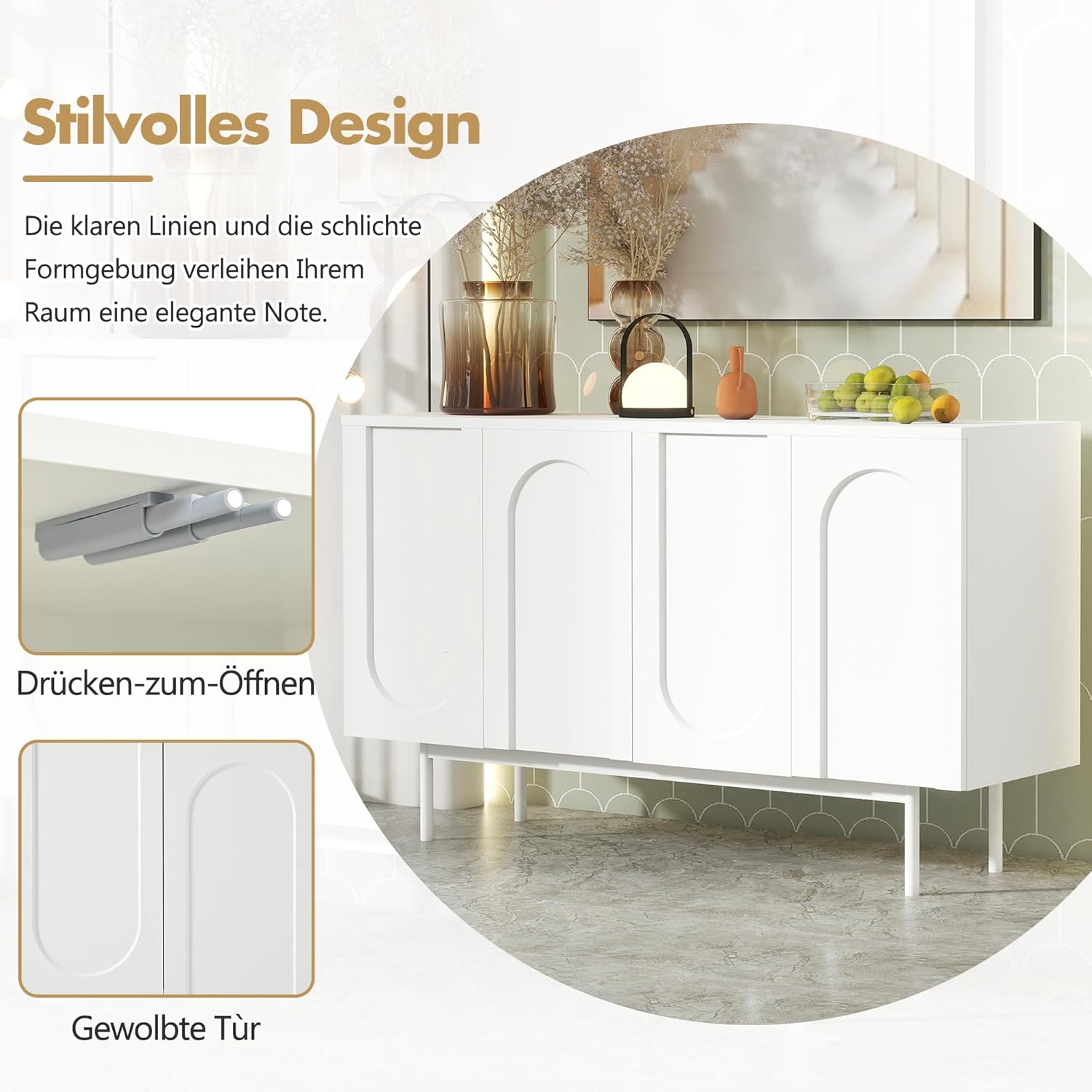 Merax Sideboard Küchenschrank mit Arbeitsplatte, Buffetschrank mit 4 Türen,2 verstellbaren Einlegeböde,Modern minimalistisches Bogenmuster Design, für Esszimmer/Wohnzimmer/Küche/Flur(Weiß/42x140x80CM) — Ansicht 6