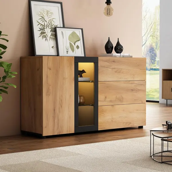Sideboard mit LED-Vitrine – 3 Schubladen, Glasböden