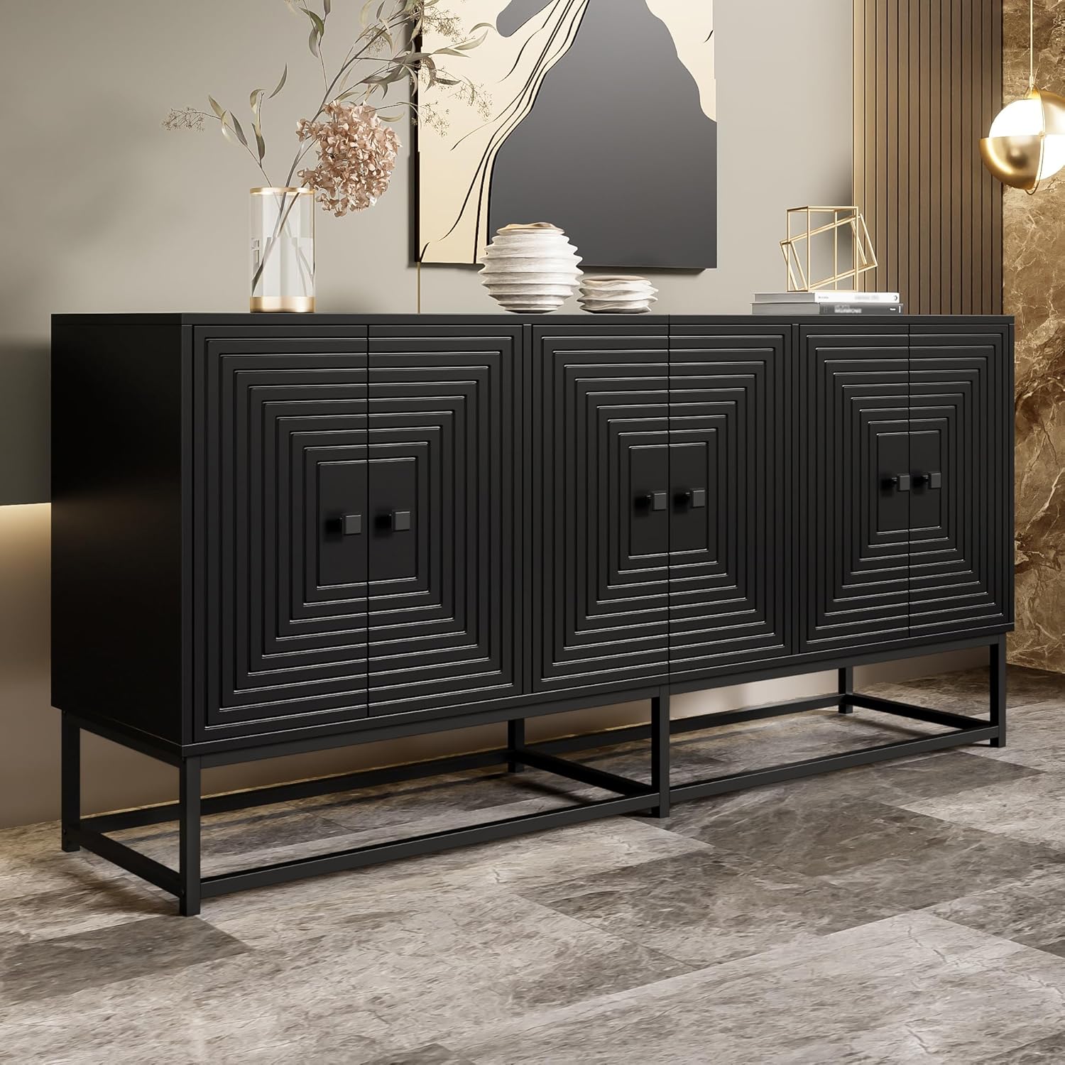 Merax Sideboard Schwarz Matt mit 3 Doppeltüren – Aufbewahrungsschrank mitKratzfester Oberfläche & Metallfüßen – Kommode für Wohnzimmer, Esszimmer, Flur & Büro - 160x38x75,5cm — Ansicht 3