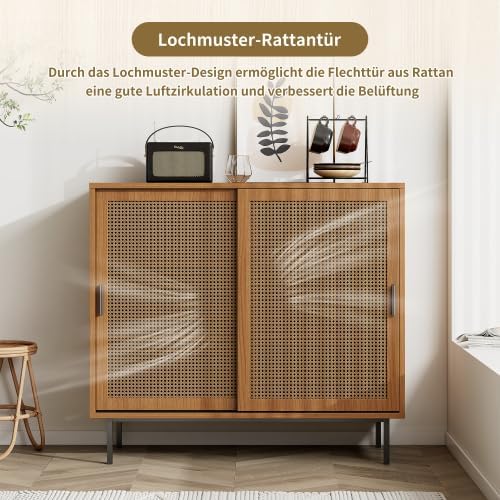 Merax Sideboard – Stabiler Kommodenschrank mit Rattan-Schiebetüren, 50 kg Tragkraft, Walnuss, 100 cm – Praktischer Aufbewahrungsschrank für Wohnzimmer oder Küche — Ansicht 4