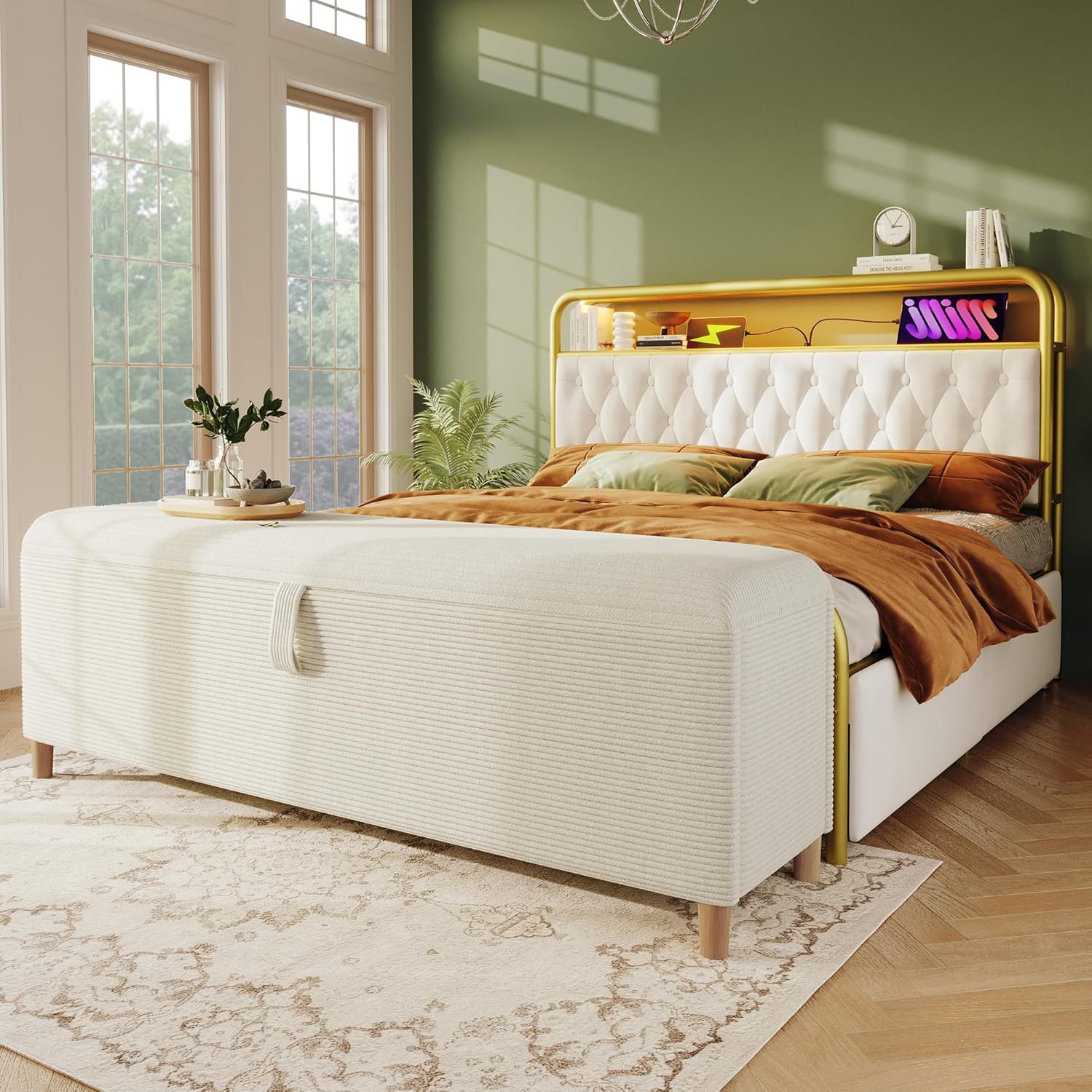 Merax Sitzbank mit Stauraum 165cm, Bettbank Polsterbank Fußbank, Mit Gasdruckfeder hochklappen, Aufbewahrungsbox mit stabilen Holzbeinen, Sofabank fur Flur, Schlafzimmer, Wohnzimmer, Cord-Optik, Beige — Ansicht 4