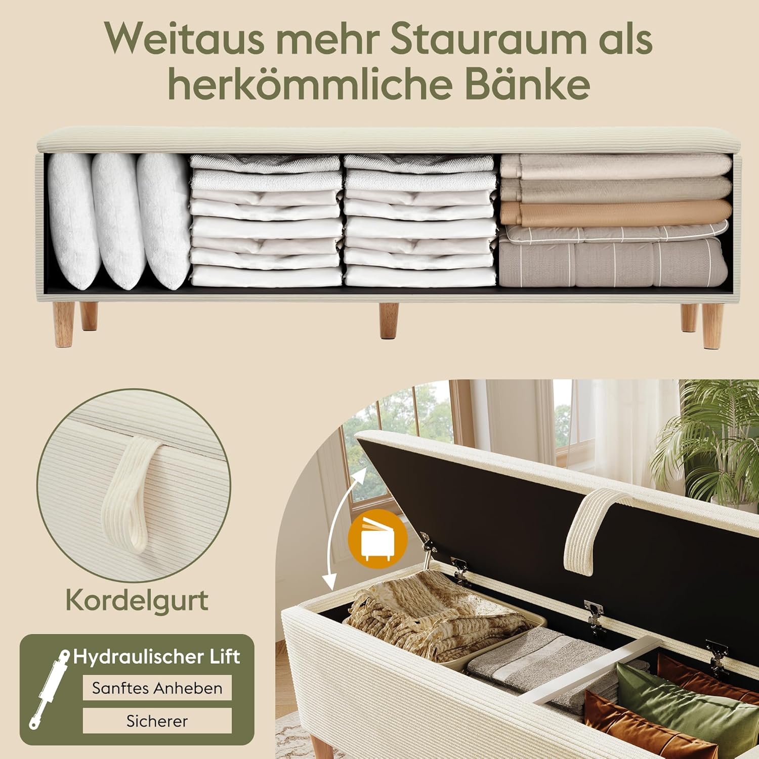 Merax Sitzbank mit Stauraum 165cm, Bettbank Polsterbank Fußbank, Mit Gasdruckfeder hochklappen, Aufbewahrungsbox mit stabilen Holzbeinen, Sofabank fur Flur, Schlafzimmer, Wohnzimmer, Cord-Optik, Beige — Ansicht 6