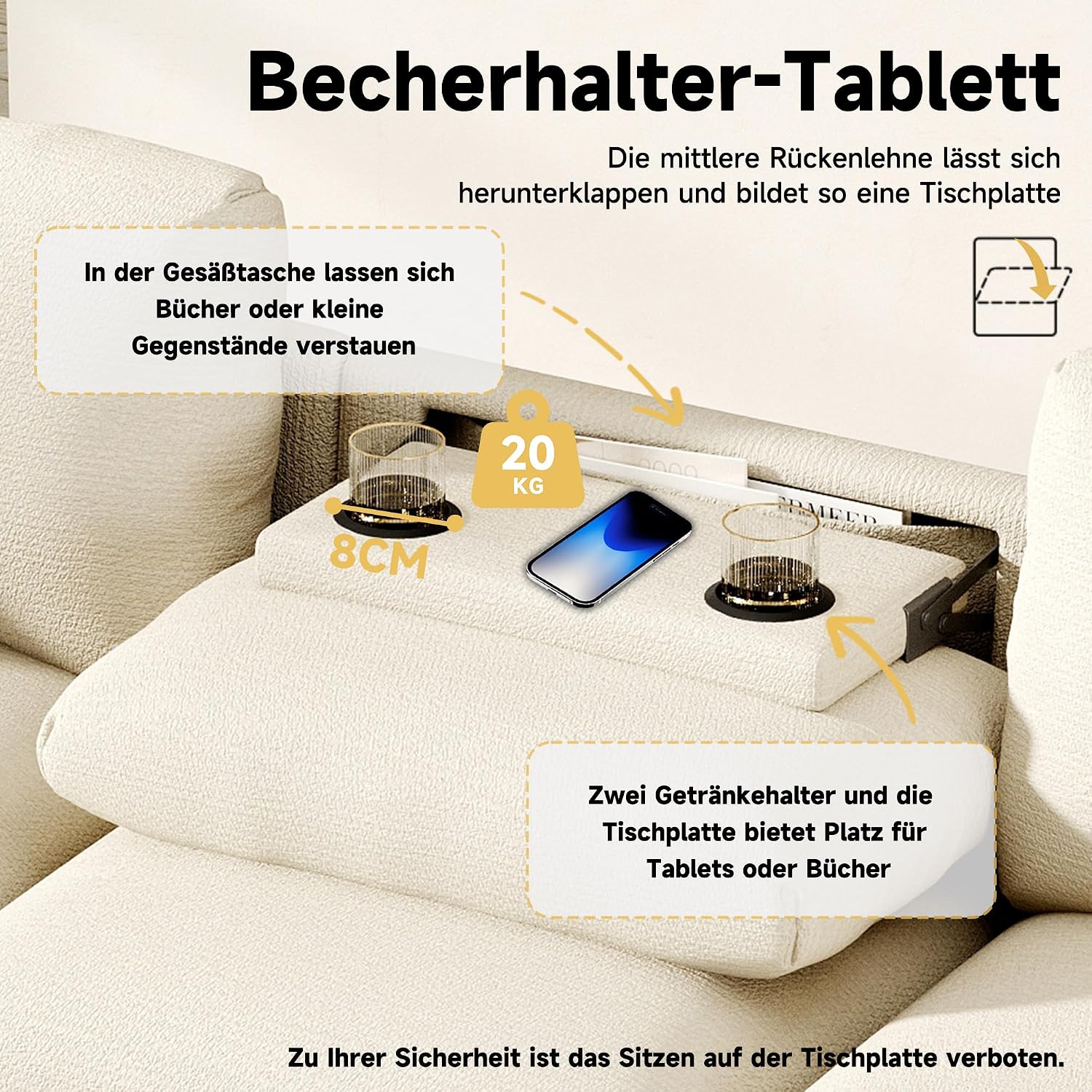 Merax Sofa 3-Sitzer Couch, Multifunktionales Design, mit klappbarer Rückenlehne und Getränkehalter, verstecktem Stauraum, USB-Anschluss, aus Chenille, für Wohnzimmer/Büros/Heimkinos, Beige — Ansicht 3