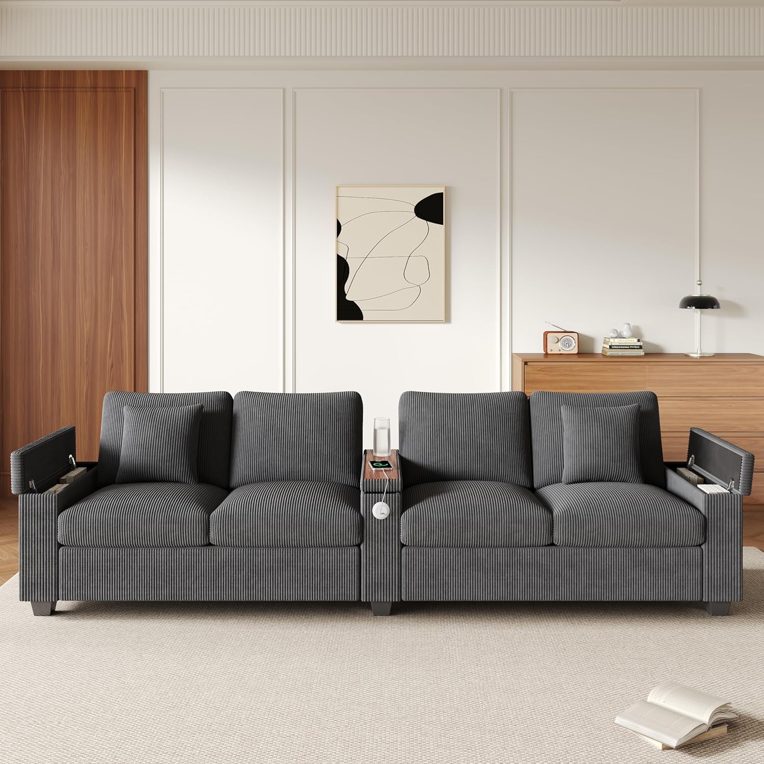 Merax Sofa 4 Sitzer Modern Couch mit klappbarer Mittelarmlehne, verstecktem Stauraum und USB/USB-C Ladefunktion, Cordstoff, für Wohnzimmer/Schlafzimmer/Gästezimmer, Grau — Ansicht 3
