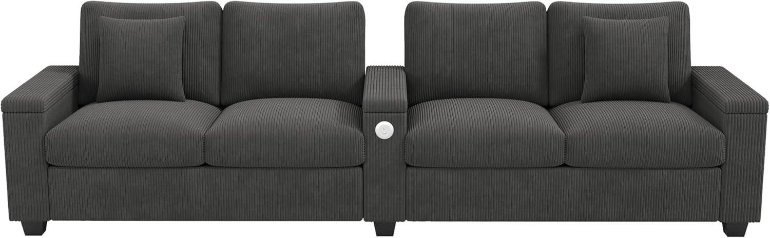 Merax Sofa 4 Sitzer Modern Couch mit klappbarer Mittelarmlehne, verstecktem Stauraum und USB/USB-C Ladefunktion, Cordstoff, für Wohnzimmer/Schlafzimmer/Gästezimmer, Grau — Ansicht 6