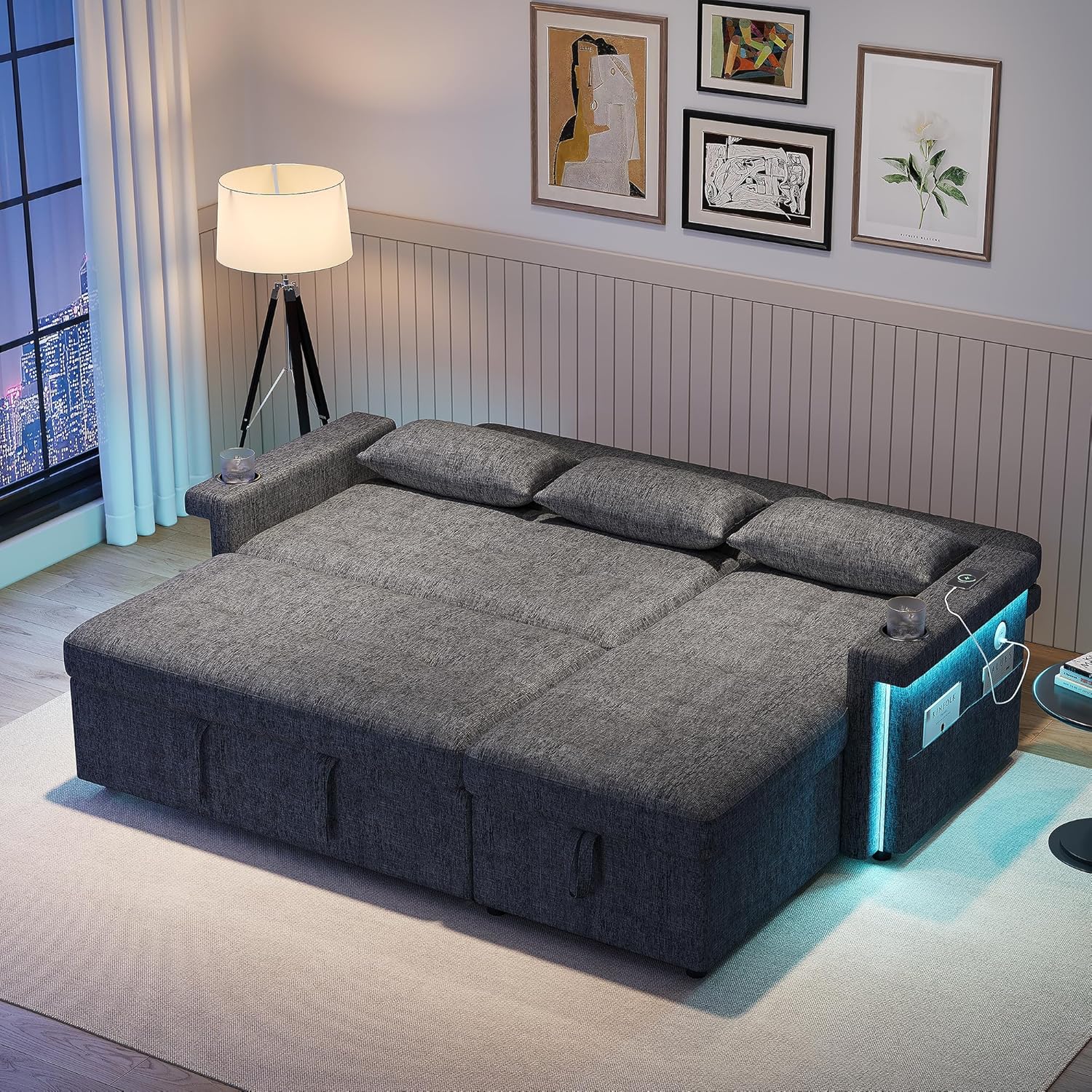 Merax Sofa Ecksofa mit Schlaffunktion, Schlafsofa mit Bettkasten und Verstellbarer Rückenlehne, Praktisches Eckcouch L-Form mit Stauraum, LED-Beleuchtung, USB-Steckdose und 2 Getränkehalter, Grau — Ansicht 4