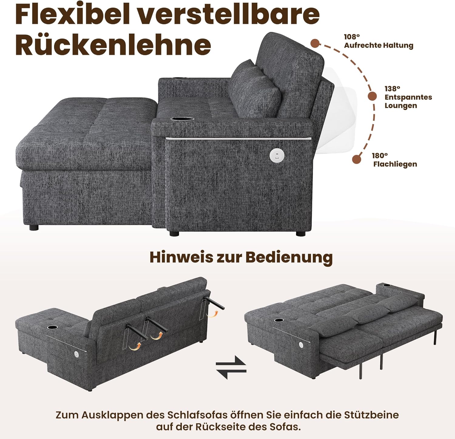 Merax Sofa Ecksofa mit Schlaffunktion, Schlafsofa mit Bettkasten und Verstellbarer Rückenlehne, Praktisches Eckcouch L-Form mit Stauraum, LED-Beleuchtung, USB-Steckdose und 2 Getränkehalter, Grau — Ansicht 6