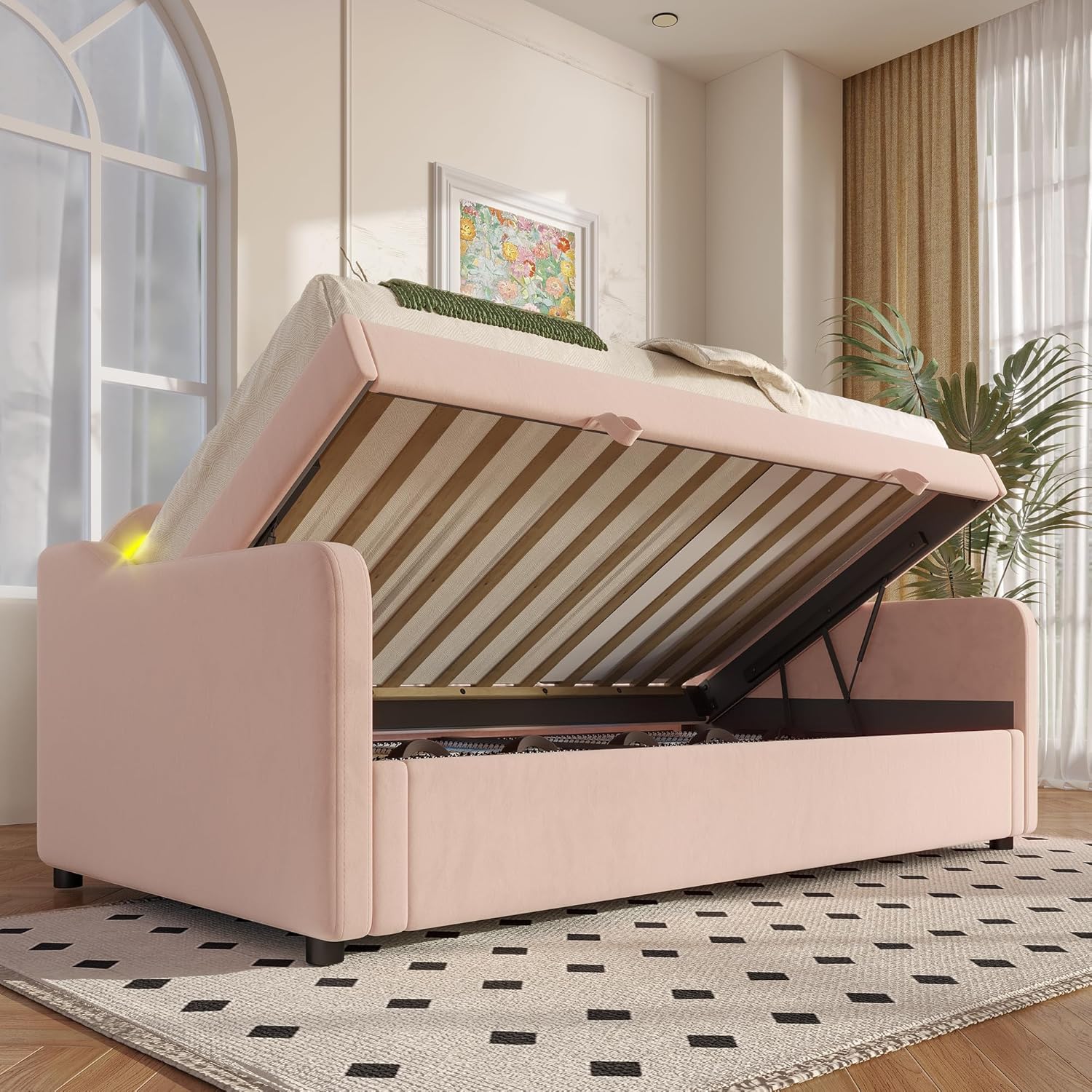 Merax Tagesbett 90x200 cm Schlafsofa mit Hydraulischem Stauraum, Farbwechselbarem LED-Streifen, Bettrahmen mit Lattenrost (ohne Matratze), Samt, Rosa — Ansicht 3