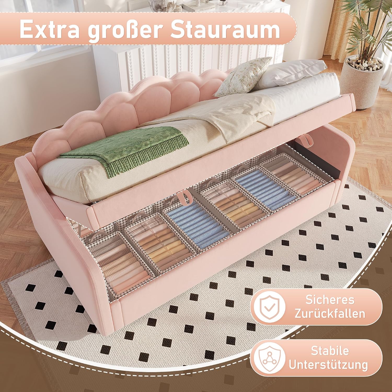 Merax Tagesbett 90x200 cm Schlafsofa mit Hydraulischem Stauraum, Farbwechselbarem LED-Streifen, Bettrahmen mit Lattenrost (ohne Matratze), Samt, Rosa — Ansicht 5