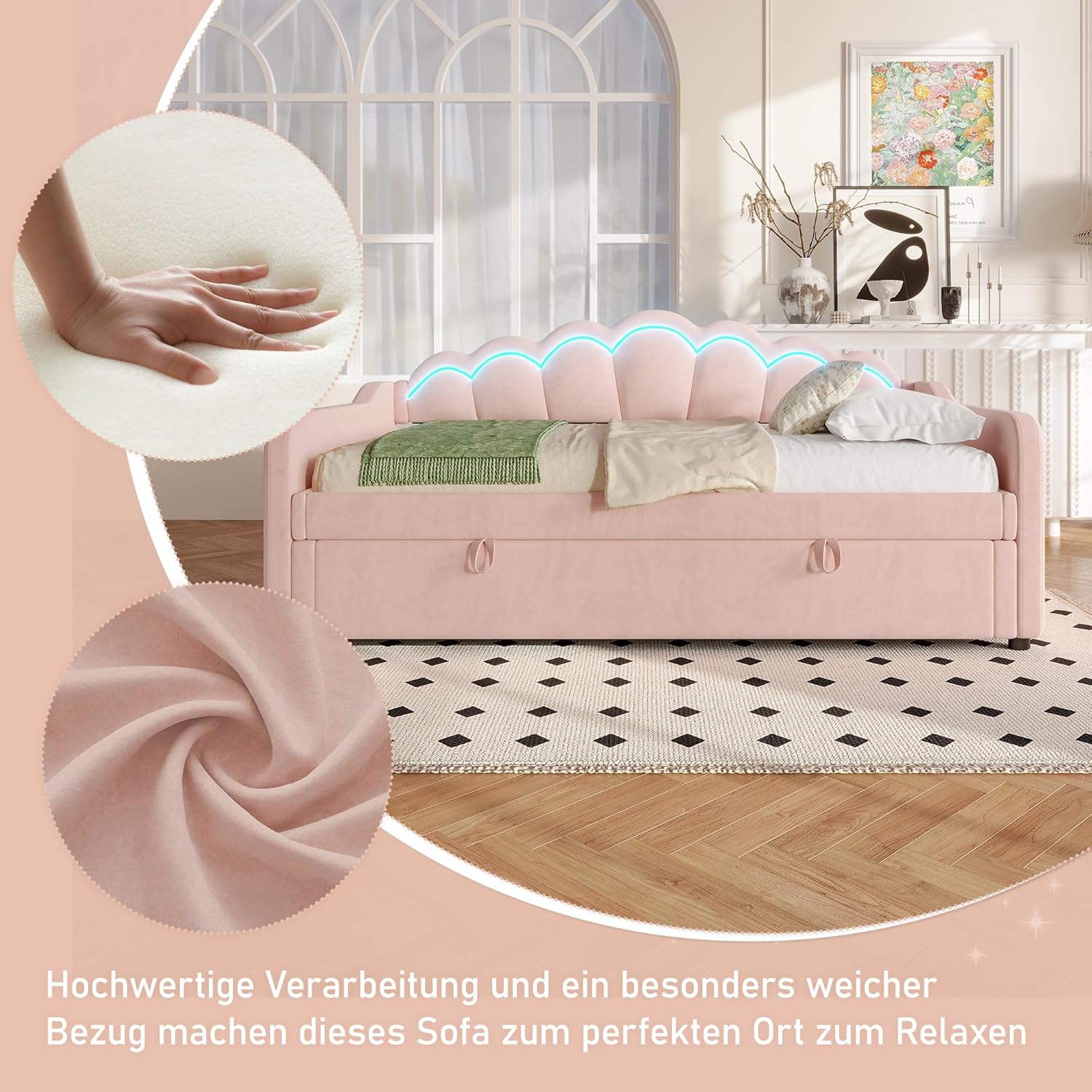 Merax Tagesbett 90x200 cm Schlafsofa mit Hydraulischem Stauraum, Farbwechselbarem LED-Streifen, Bettrahmen mit Lattenrost (ohne Matratze), Samt, Rosa — Ansicht 6