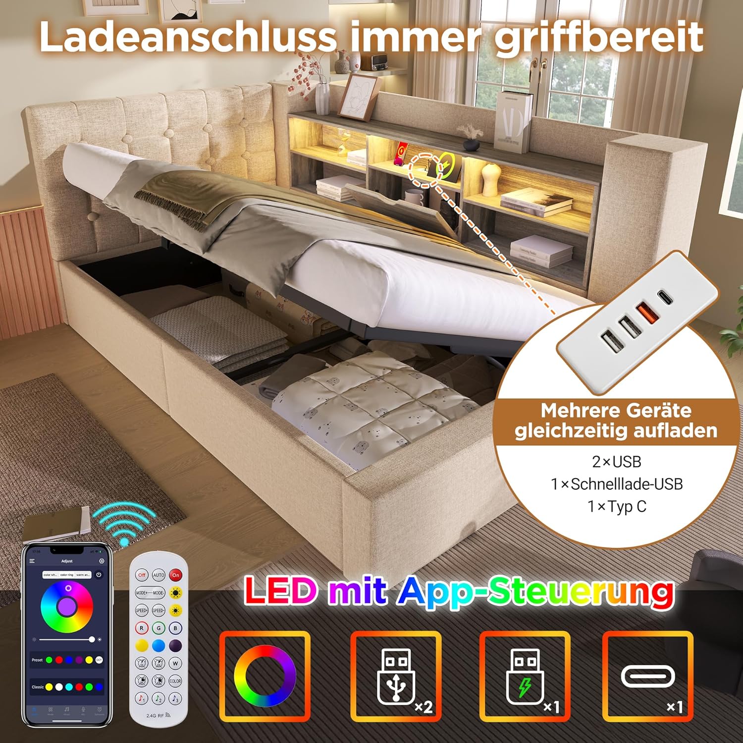 Merax Tagesbett 90x200cm, Polsterbett mit hydraulischem Stauraum, Einzelbett mit LED & Ladestation, L-förmigem Jugendbett mit Ablagefach, Lattenrost, Funktionsbett, Leinenstoff, ohne Matratze, Beige — Ansicht 5