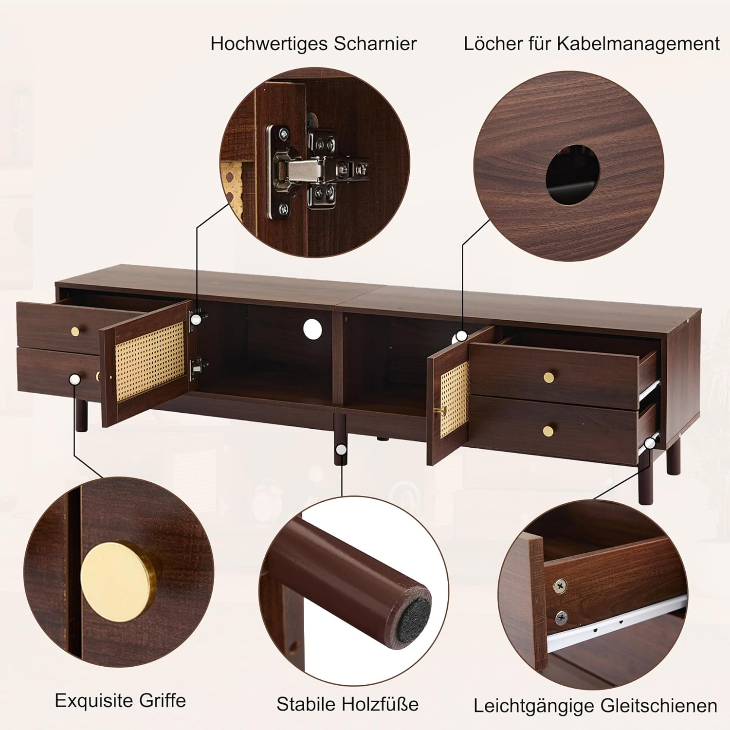 Merax TV Board 180 cm Lowboard, TV Schrank Holz Dunkel, Fernsehtisch mit Kabelmanagement, TV Kommode für 80 Zoll, Lowboard Wohnzimmer mit hydraulischen Scharnieren — Ansicht 6