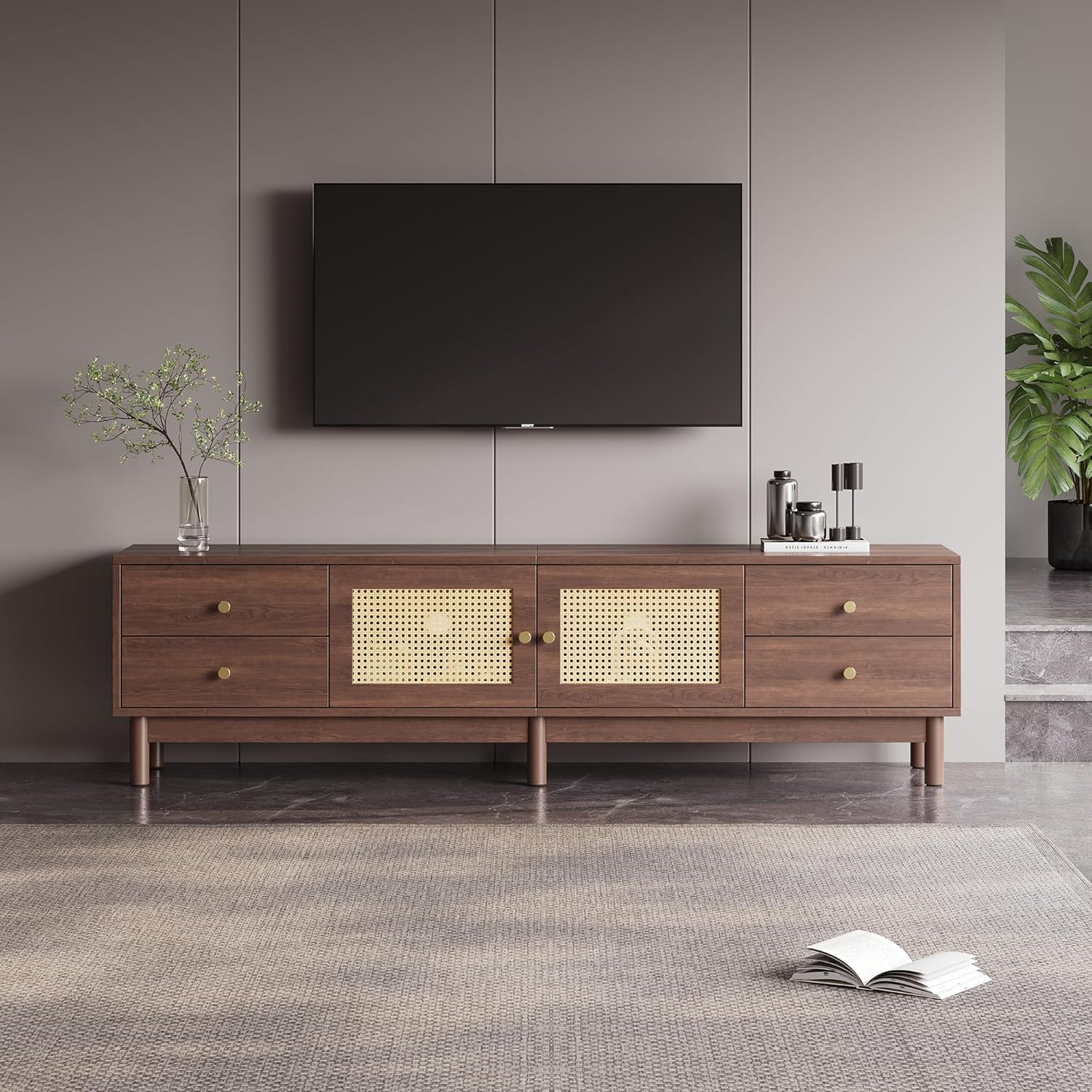 Merax TV Board 180 cm Lowboard, TV Schrank Holz Dunkel, Fernsehtisch mit Kabelmanagement, TV Kommode für 80 Zoll, Lowboard Wohnzimmer mit hydraulischen Scharnieren