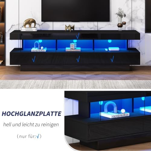 Merax TV Schrank mit LED-Beleuchtung, Lowboard für Fernseher bis 70 Zoll, modernes Wohnwand Design, TV Board für Wohnzimmer, Schwarz Hochglanz mit Glasfächern — Ansicht 5