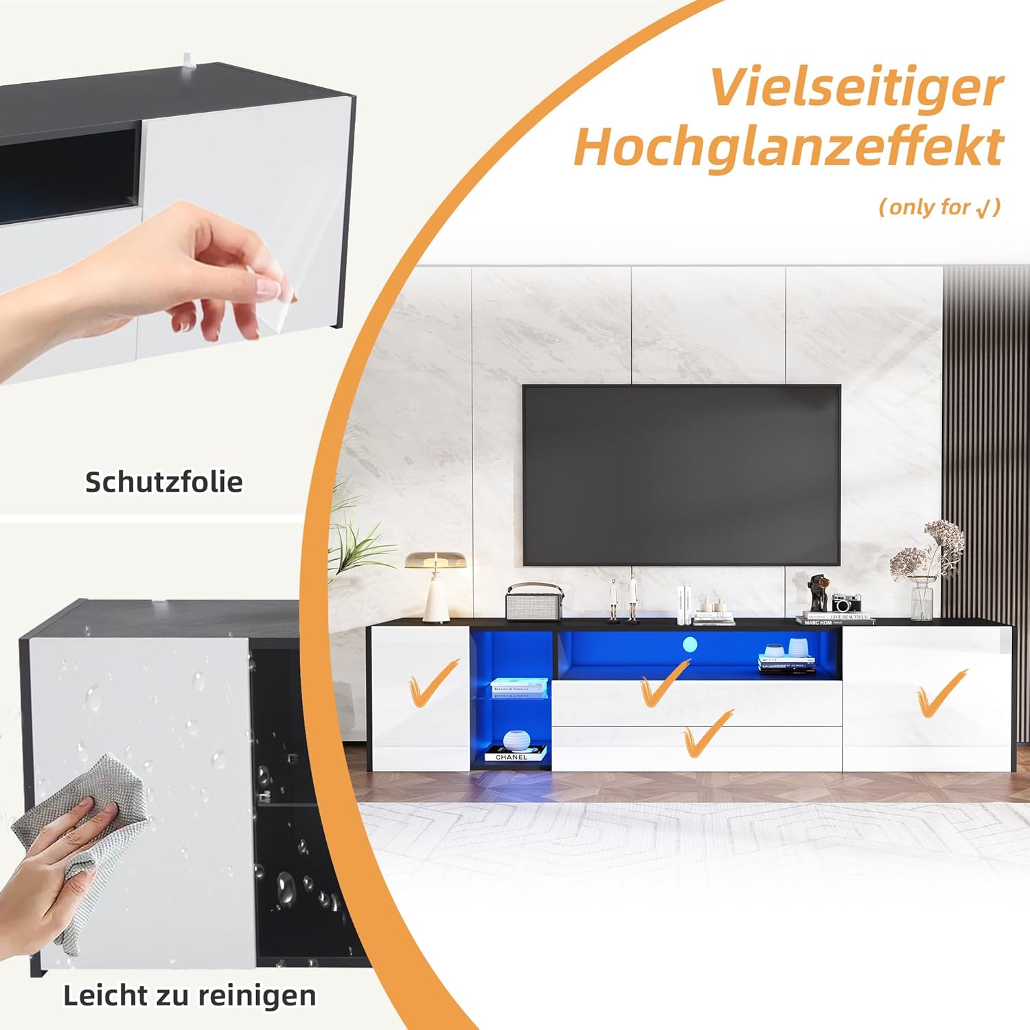 Merax TV-Schrank mit LED, Fernsehschrank Hochglanz mit 2 Türen und 2 Schubladen, TV-ständer für Fernseher bis zu 75 Zoll, TV Lowboard für Wohnzimmer, Schlafzimmer, Esszimmer, 180cm, Schwarz & Weiß — Ansicht 6