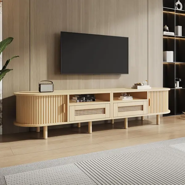 TV Schrank Ovaler in Holzfarbe – 2 Rattan-Schubladen