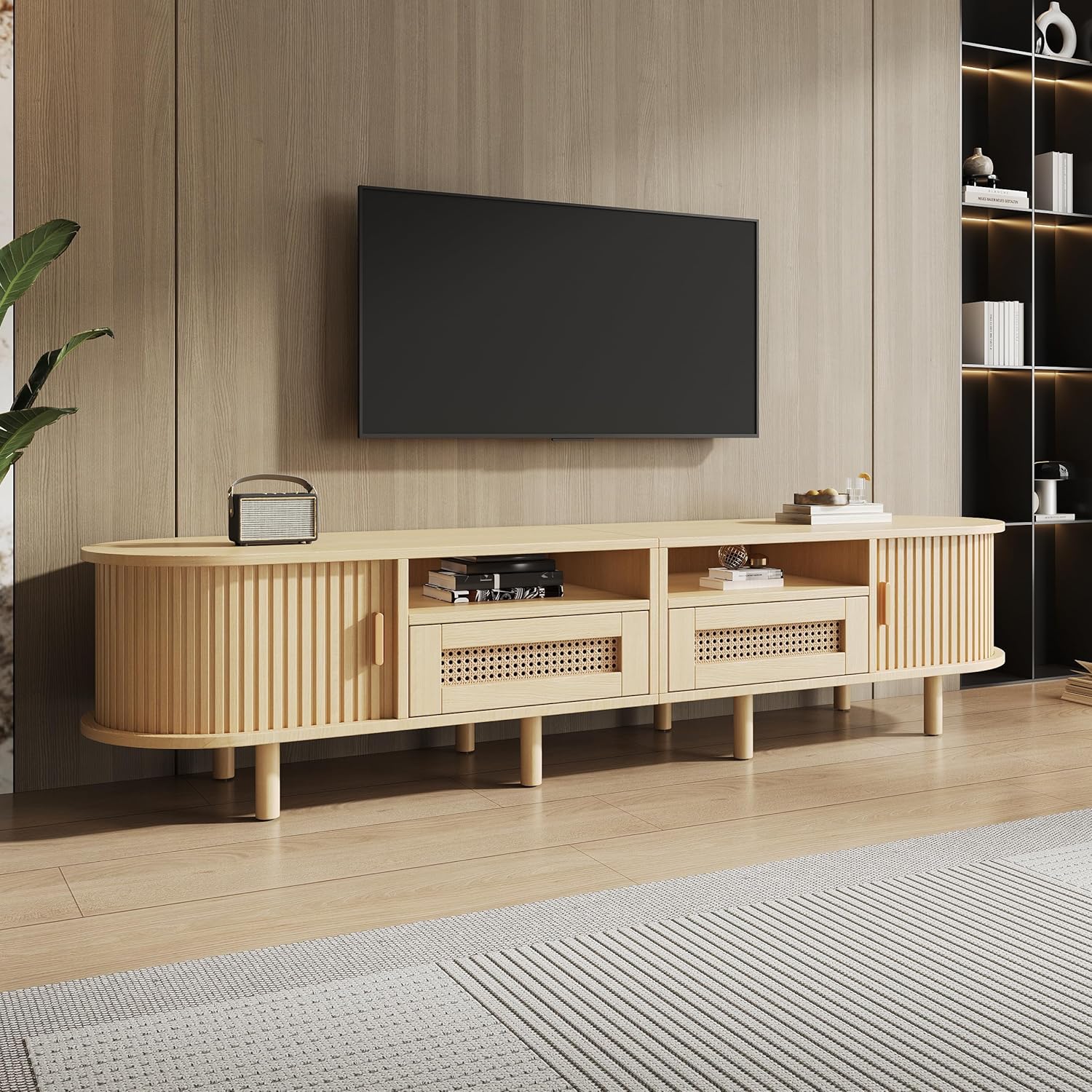Merax TV Schrank Ovaler in Holzfarbe, Lowboard Fernsehtisch mit 2 Schiebetüren, 2 Rattan-Schubladen, TV-Regal für Fernseher bis zu 70 Zoll, Landhausstil Sideboard Fernsehschrank für Wohnzimmer, 170cm