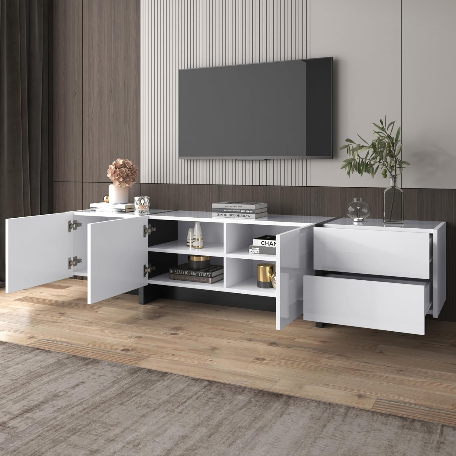 Merax TV Schrank, TV Lowboard mit Schubladen, Moderner Fernsehtisch mit Stauraum, TV Tisch für Wohnzimmer und Esszimmer, Weiß, 190 x 35 x 45 cm — Ansicht 2