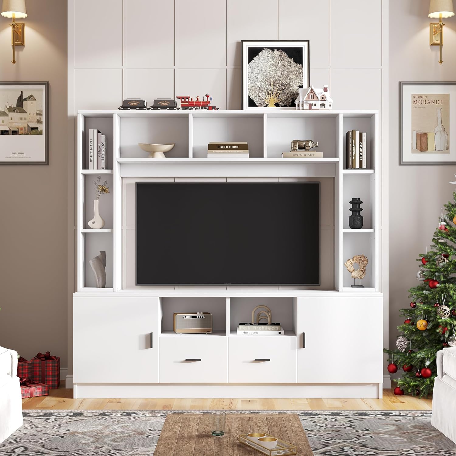 Merax TV Wohnwand-Set, Anbauwand, Mediawand mit TV Lowboard & Wandregale, TV-Schrank mit 2 Schränke, 2 Schubladen, Offene Regale, Elegante Schrankwand, Wohnzimmermöbel Komplett, TV bis 60-Zoll, Weiß — Ansicht 2