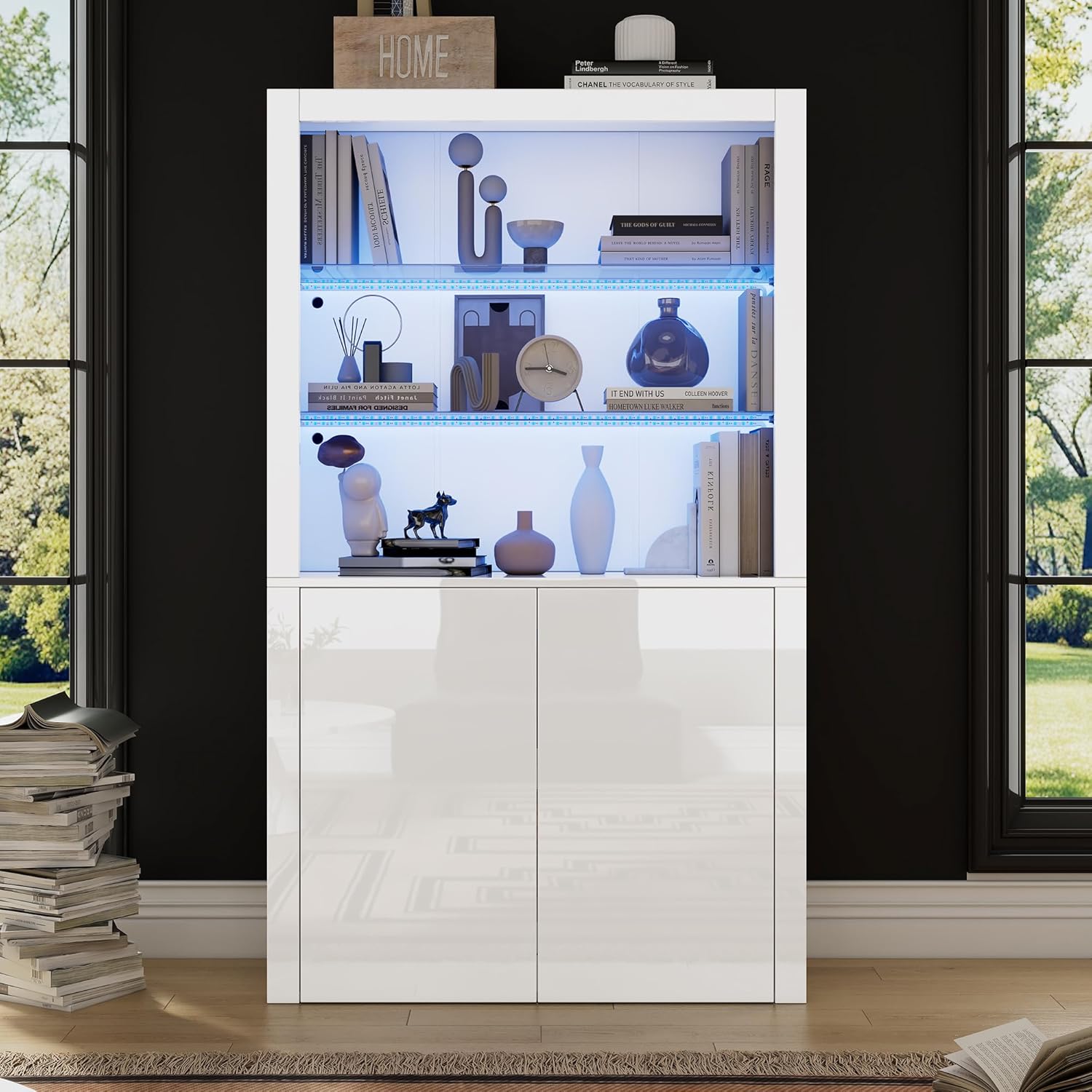 Merax Vitrinenschrank mit LED Beleuchtung, Hochschrank Hochglanz Weiß mit 2 Türen und 2 Glasböden, Bücherschrank Küchenschrank Standschrank, Mehrzweckschrank für Wohnzimmer Schlafzimmer Büro, 170cm — Ansicht 3