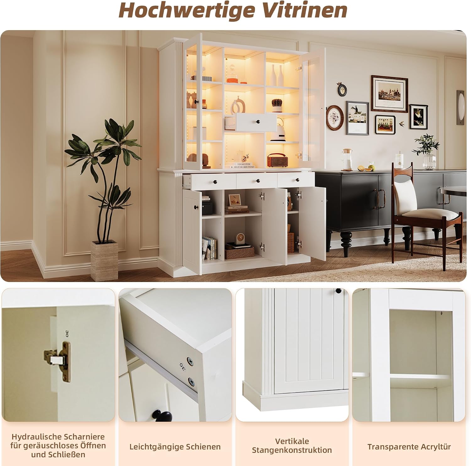 Merax Vitrinenschrank mit LED, Modern Bücherschrank Standvitrine mit Transparente Vitrine aus Acryl, 5 Türen 4 Schubladen, Offene Fächer, Highboard Sammlervitrine für Wohnzimmer Büro Esszimmer, Weiß — Ansicht 6