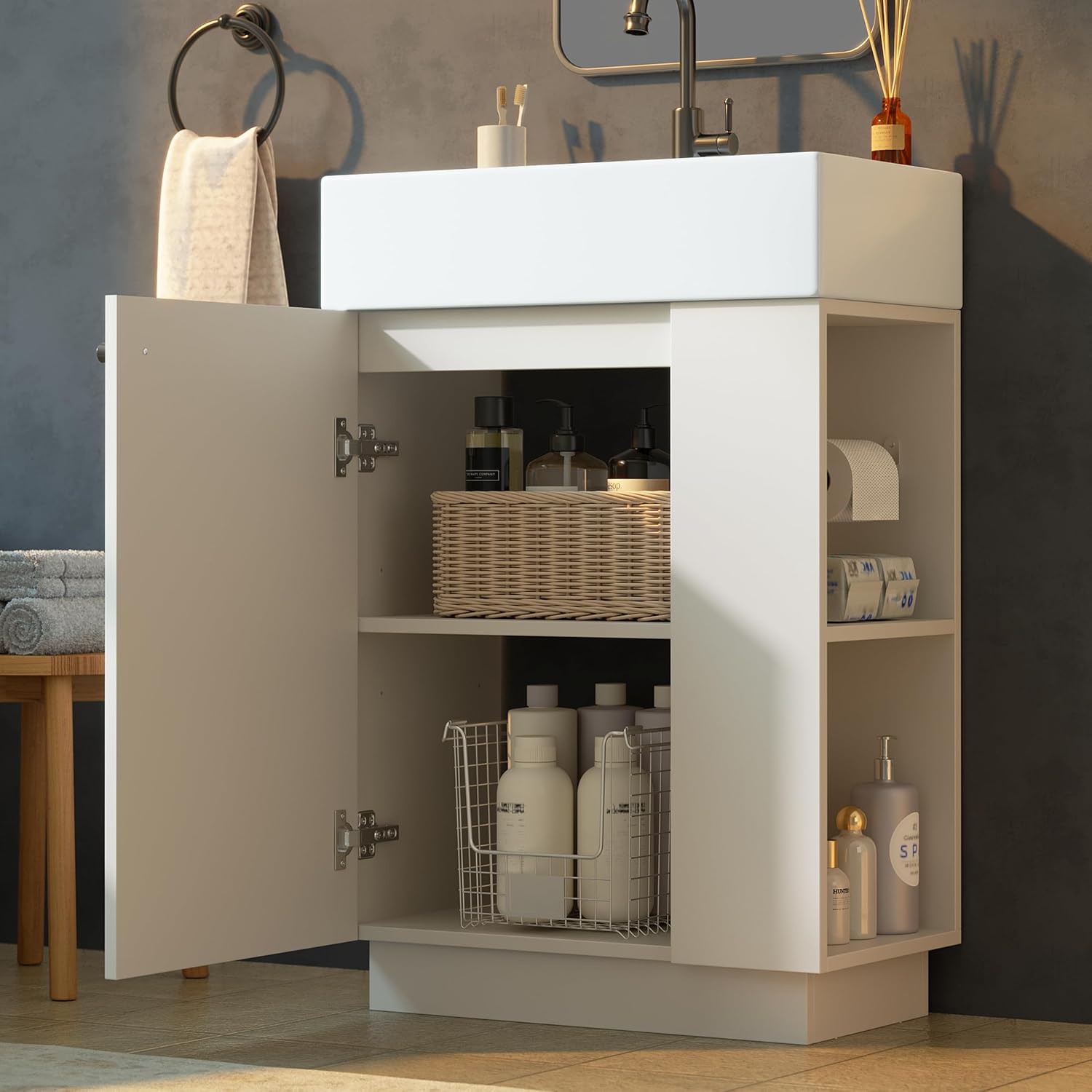 Merax Waschbeckenunterschrank 55 cm mit Keramikwaschbecken, Soft-Close,Weiß | Keramikwaschbecken,geriffelte Holzoptik, offenes Regal, abnehmbarer Toilettenpapierhalter, Überlauf, ohne Wasserhahn — Ansicht 3