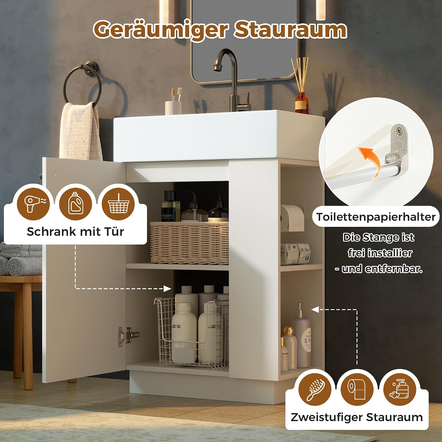 Merax Waschbeckenunterschrank 55 cm mit Keramikwaschbecken, Soft-Close,Weiß | Keramikwaschbecken,geriffelte Holzoptik, offenes Regal, abnehmbarer Toilettenpapierhalter, Überlauf, ohne Wasserhahn — Ansicht 4
