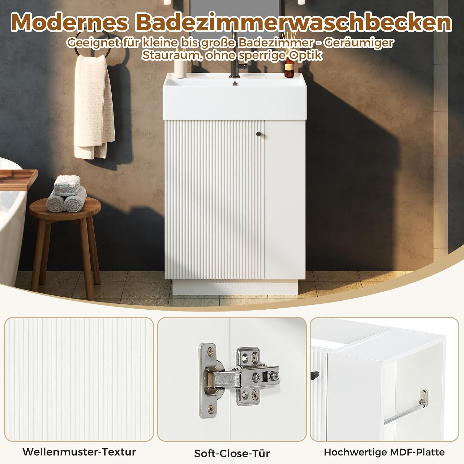 Merax Waschbeckenunterschrank 55 cm mit Keramikwaschbecken, Soft-Close,Weiß | Keramikwaschbecken,geriffelte Holzoptik, offenes Regal, abnehmbarer Toilettenpapierhalter, Überlauf, ohne Wasserhahn — Ansicht 6