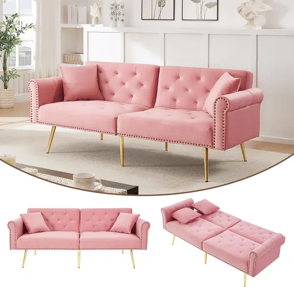 2-Sitzer-Schlafsofa – aus Samt, vergoldeten Metallfüßen